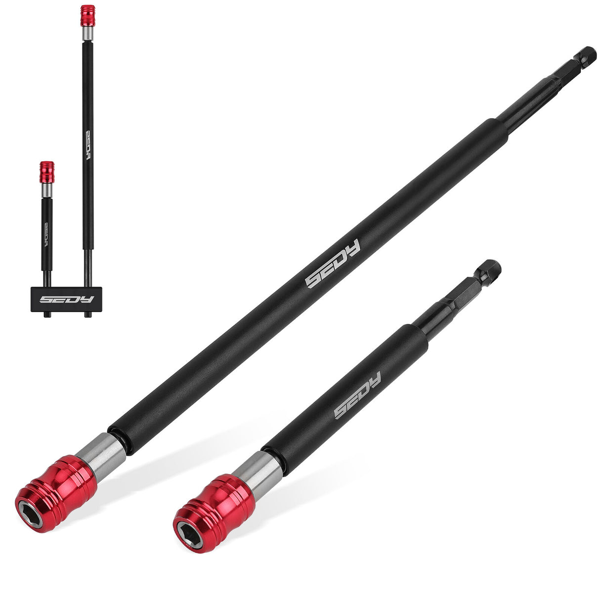 Two-piece SEDY magnetic drill bit extension set with a red quick-release collar, crafted for secure bit retention and rapid bit changes.