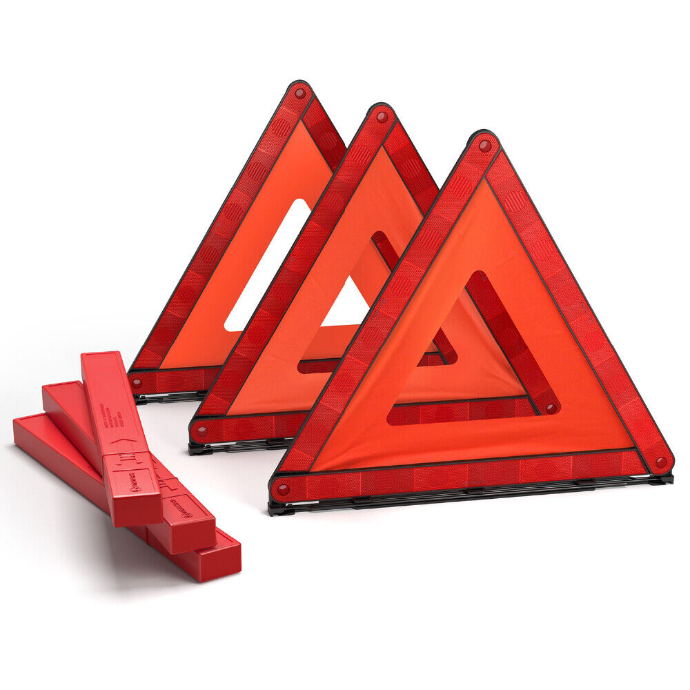 Set of 3 high-quality, durable emergency warning triangles with fluorescent orange frames and red acrylic reflectors, ideal for roadside safety.