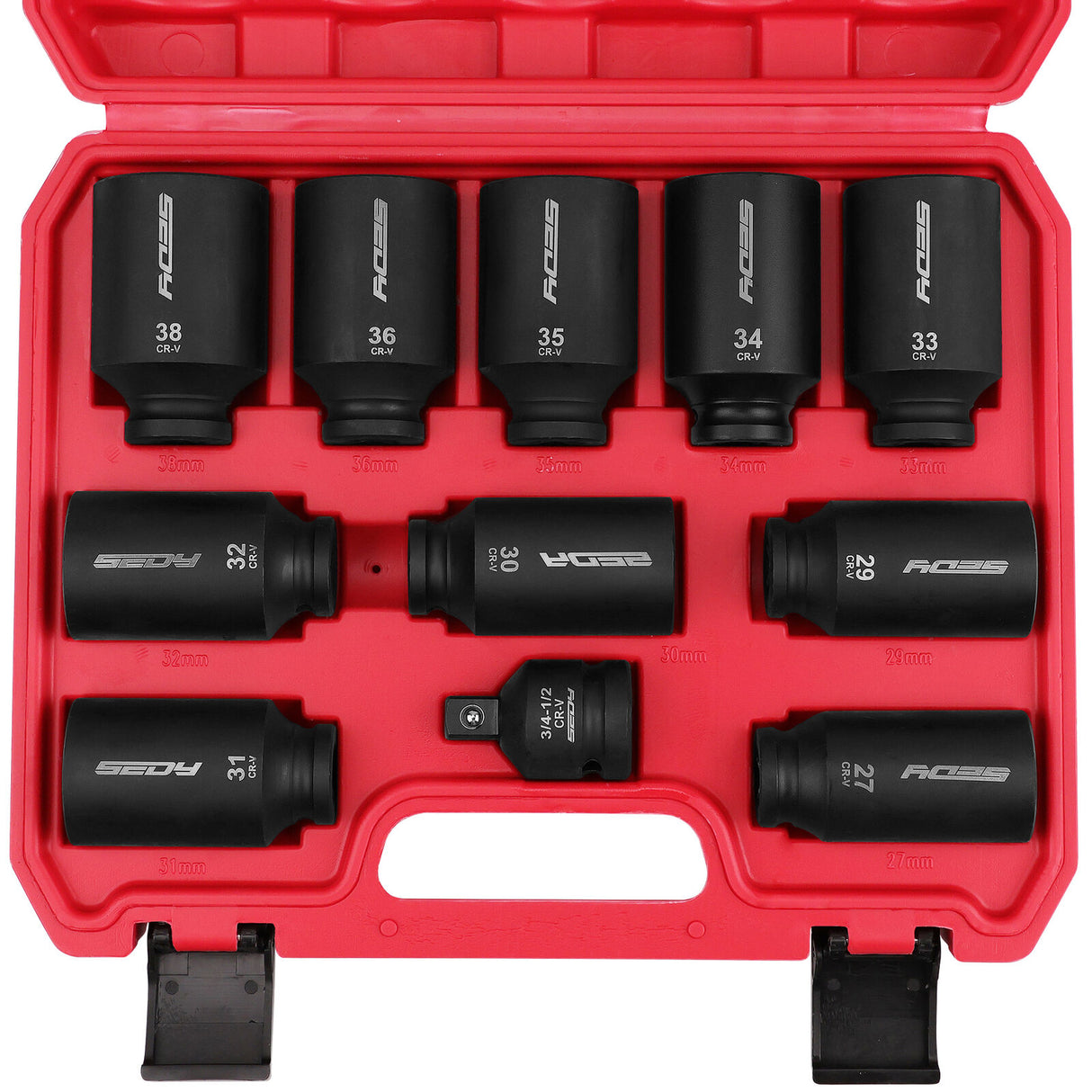 SEDY 11Pcs Metric Deep Impact Socket Set with Adapter for High-Torque Wheel Axle Nut Wrench Tasks