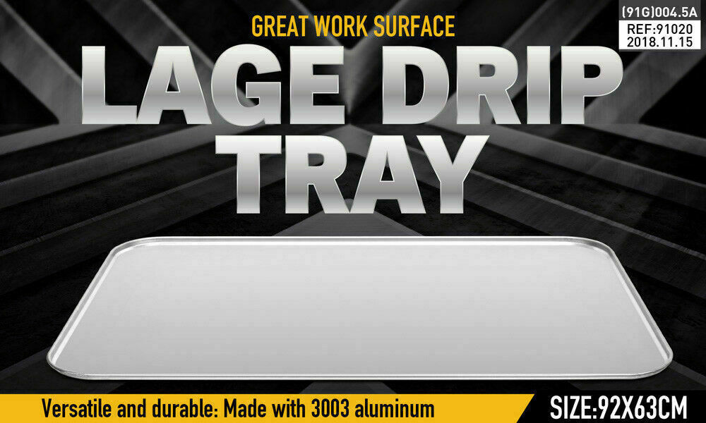 Sturdy galvanized steel oil drip tray under a stored car.