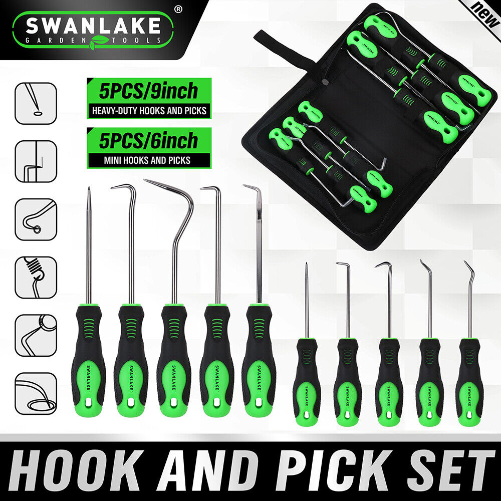 SWANLAKE 10-Piece Pick and Hook Set with CR-V Steel Shafts, Non-Slip Handles, and Storage Pouch for Automotive and Electronics Use