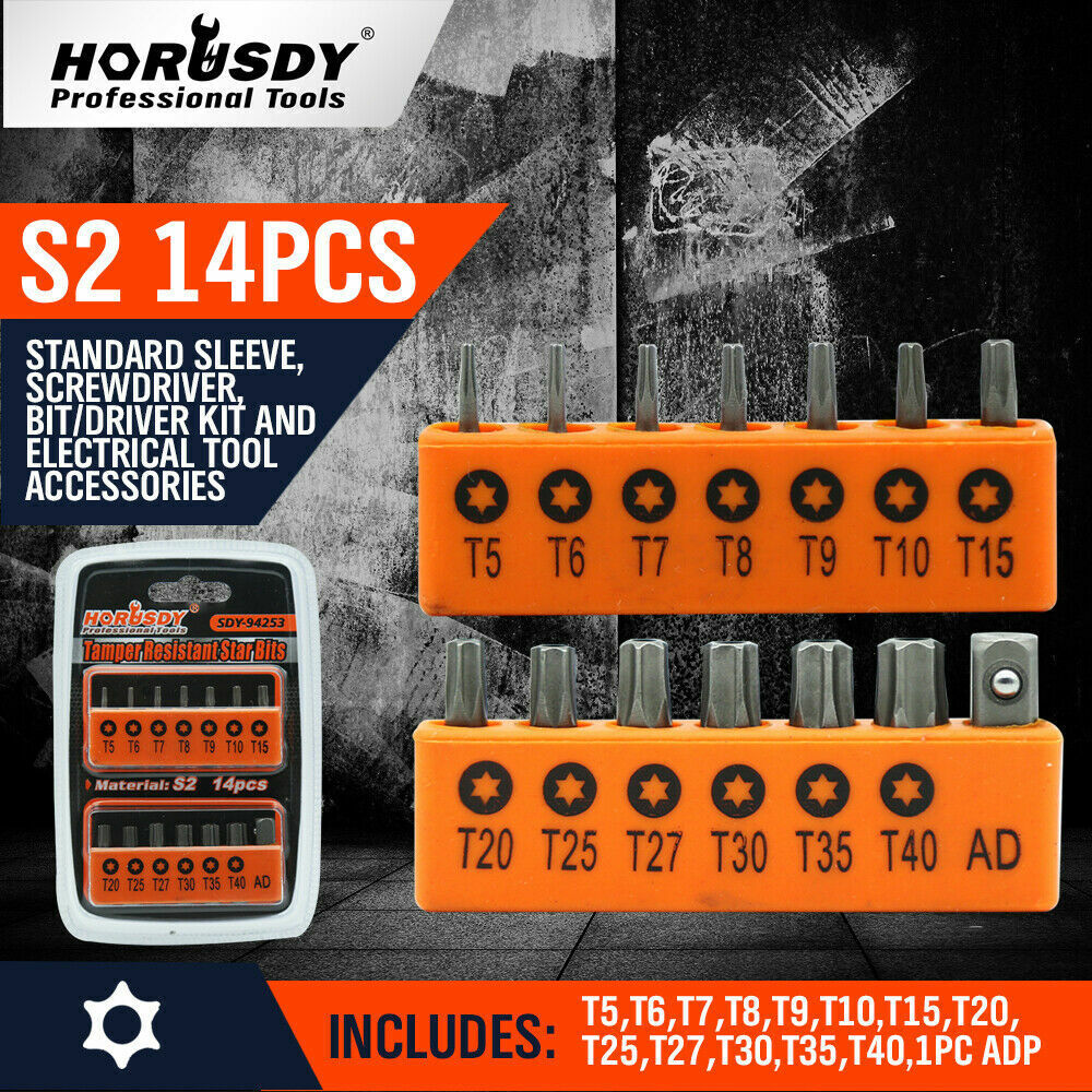 Durable 14-Piece Torx Key Bit Set Ranging from T5 to T40 with Drill Adapter and Holders
