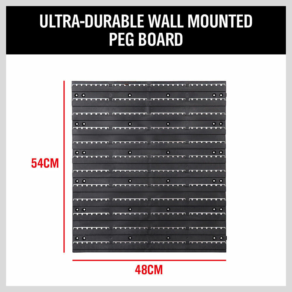 43 Piece Wall Mounted Parts and Tools Storage Rack featuring Bins in Various Sizes, Tool Holders, and Peg Boards
