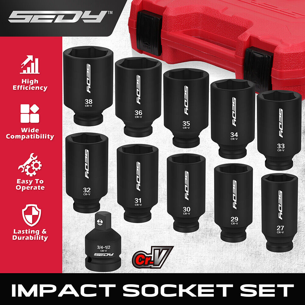 SEDY 11Pcs Metric Deep Impact Socket Set with Adapter for High-Torque Wheel Axle Nut Wrench Tasks