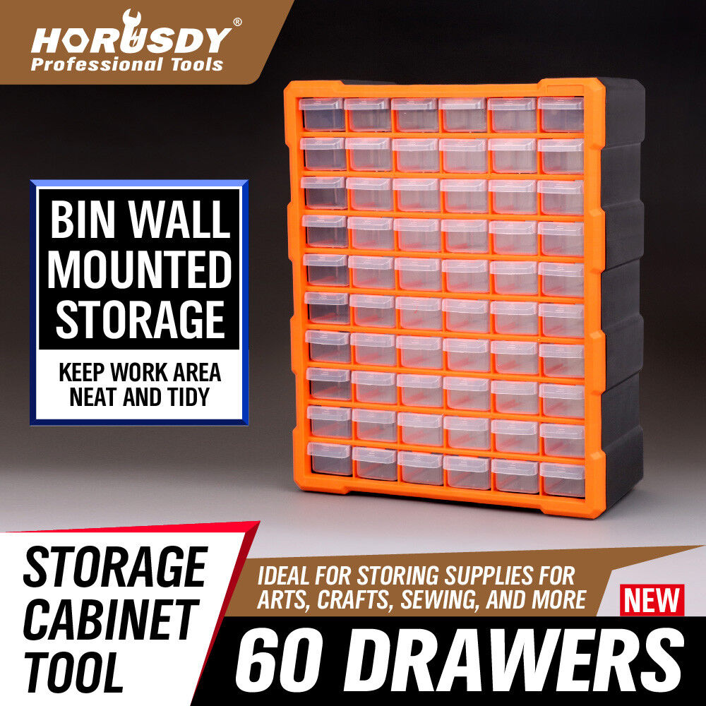 60-drawer organizer set enables wall, stack or floor installation with durable, transparent build for functionally arranging huge volumes of tools, industrial parts and job site supplies.