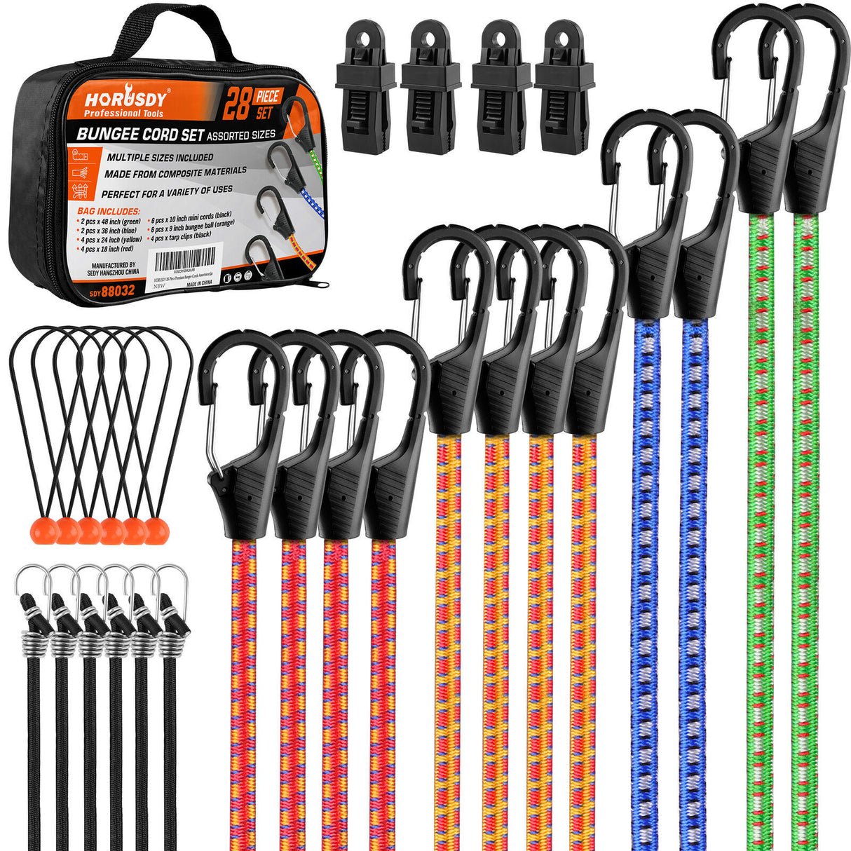 HORUSDY 28Pcs Outdoor Bungee Cord Set - Heavy-Duty Latex and Polyester, Multi-Length Cords with Secure Hooks