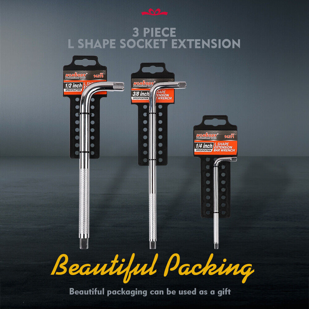 L Shape CR-V Steel Socket Extension Bar in 1/4", 3/8", 1/2" Drive Sizes, Chrome-Plated for Durability and Secure Socket Hold