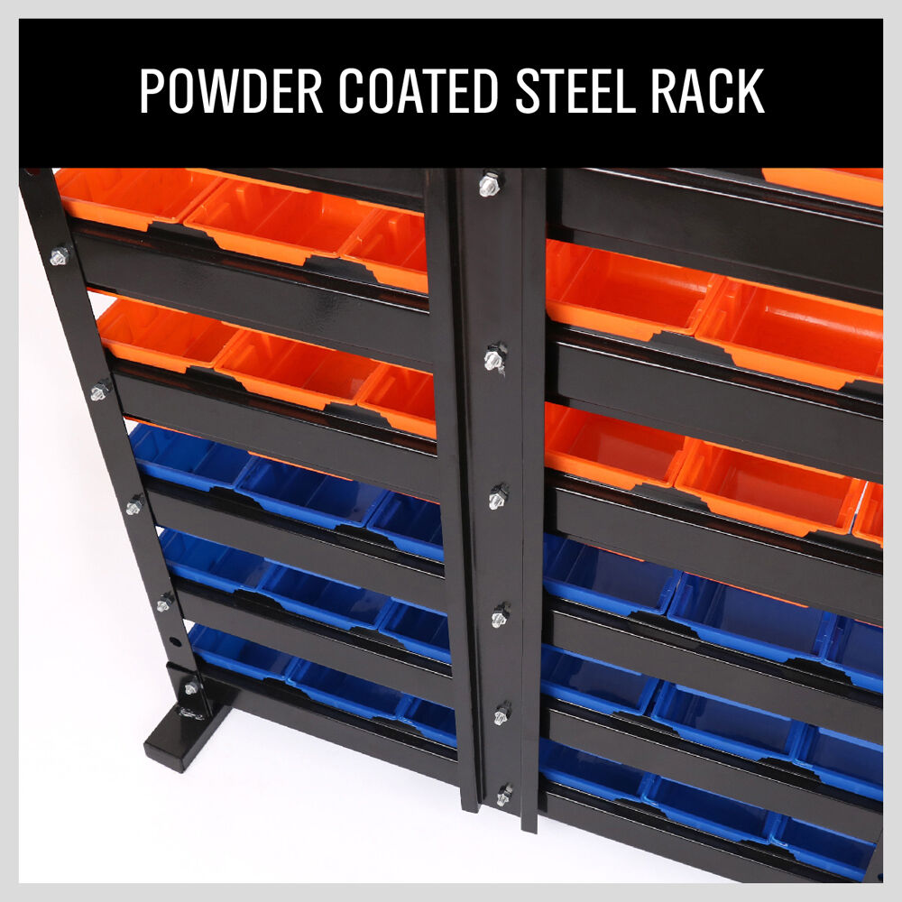 Wall-mounted bin storage rack with 36 detachable bins for organized workshop tools and accessories.