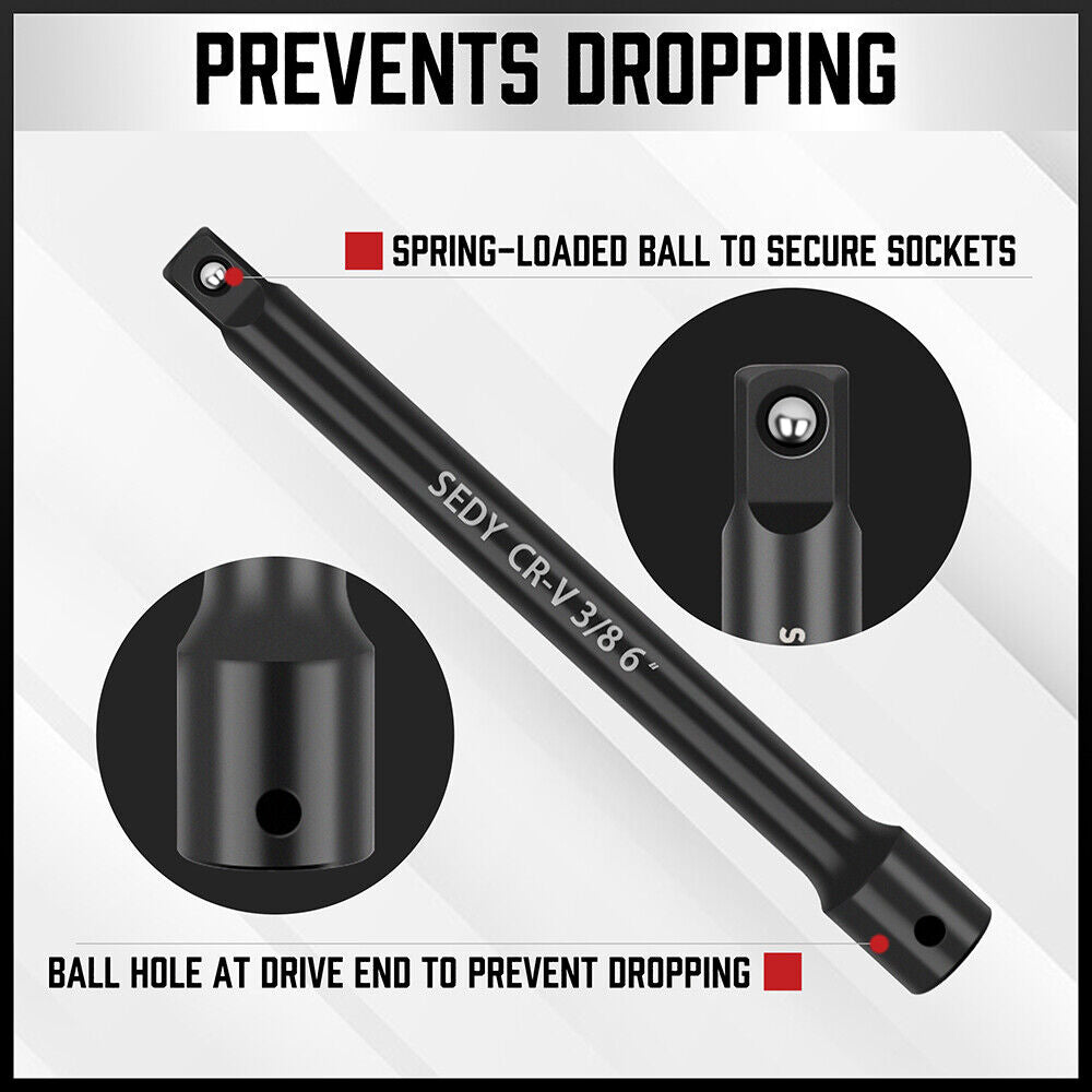 HORUSDY 9Pc Extension Bar Set with 1/4", 3/8", 1/2" Drives, featuring Premium Chrome Vanadium Steel, Corrosion Resistant SmartKrome Plating, and Secure Spring-Loaded Ball Detent