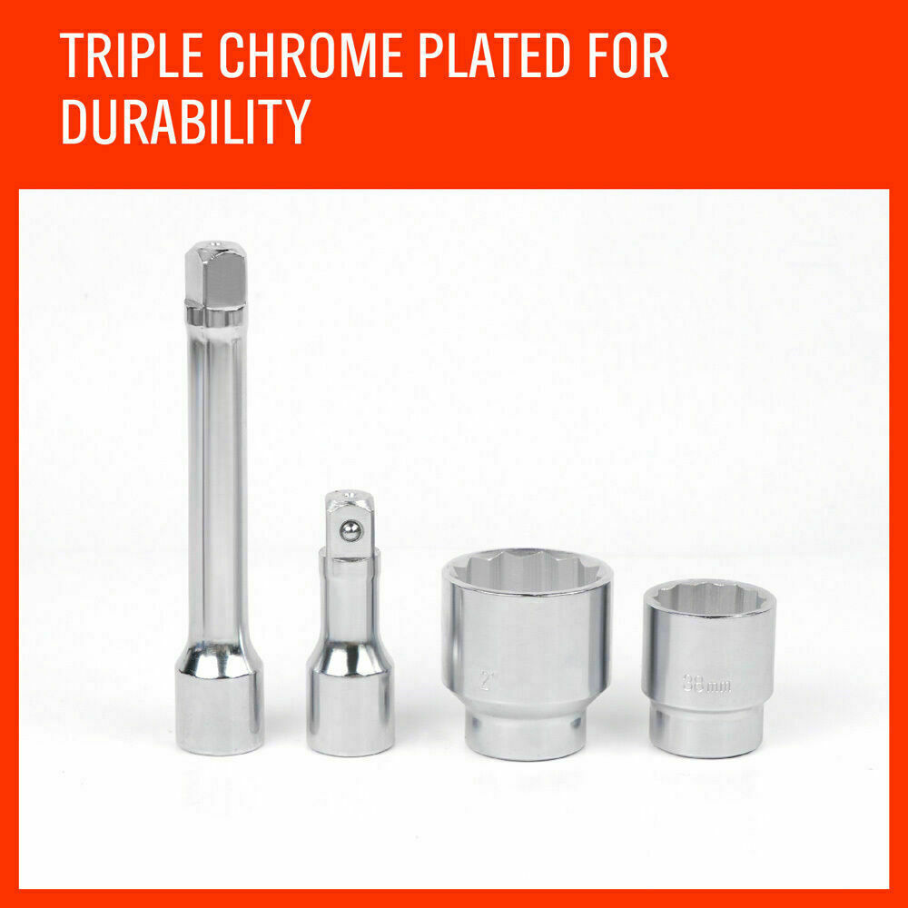 Comprehensive 27-piece heavy-duty socket and wrench set with 3/4" drive in both metric and imperial sizes, including ratchet, sliding T-bar, and extension bars in a durable steel case.