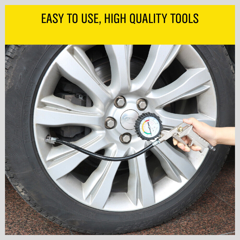Air Tyre Inflator with Pressure Meter - Car and Truck Tire Pump with Hose Gauge, Max 220PSI, Zinc Alloy