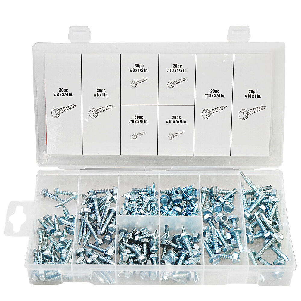 Box of 200 various-sized self-tapping screws with hex and cross heads for versatile use.