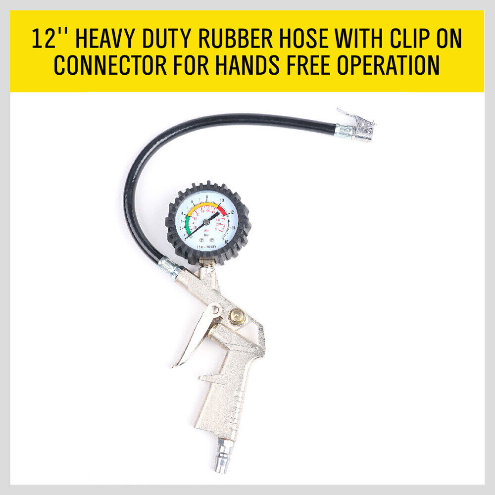 Air Tyre Inflator with Pressure Meter - Car and Truck Tire Pump with Hose Gauge, Max 220PSI, Zinc Alloy
