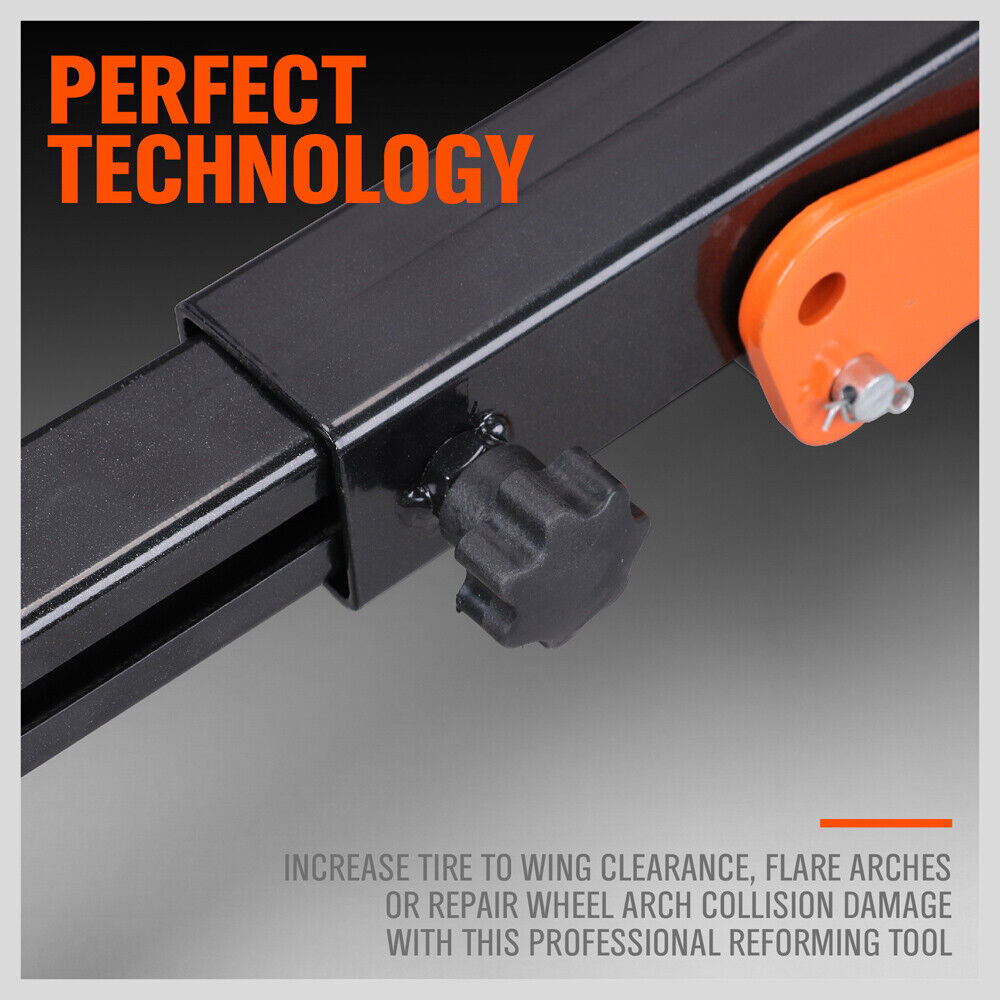 Professional Vehicle Fender Roller, a vital tool for auto repair, featuring an iron body for optimal hardness. Fully adjustable arm for gradual pull or push, versatile for a range of vehicle fender repairs. Includes 5 conical lug nut rings and a manual, with a minimum length of 300mm and a maximum of 578mm, weighing 6.8kg