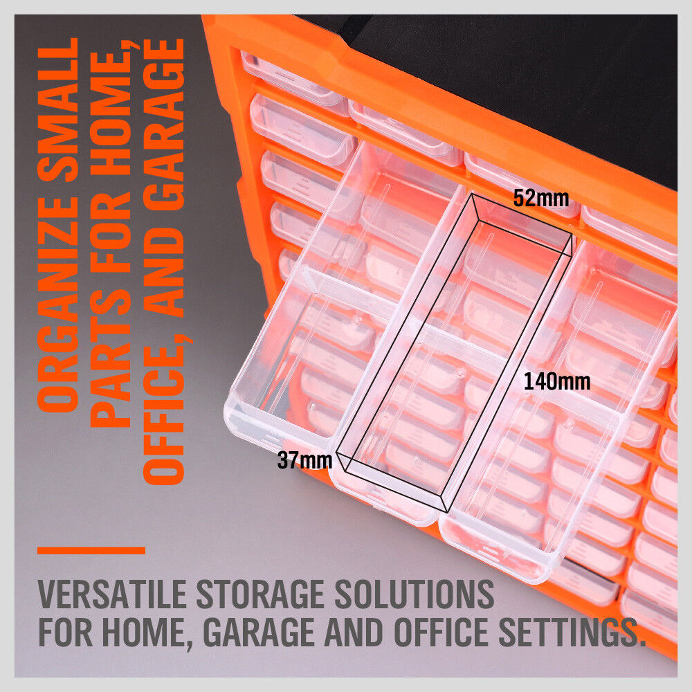60-drawer organizer set enables wall, stack or floor installation with durable, transparent build for functionally arranging huge volumes of tools, industrial parts and job site supplies.