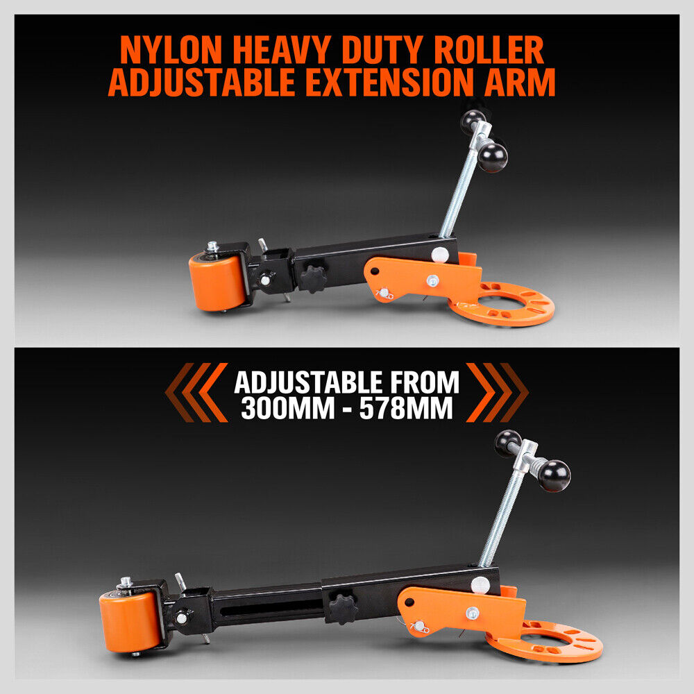 Professional Vehicle Fender Roller, a vital tool for auto repair, featuring an iron body for optimal hardness. Fully adjustable arm for gradual pull or push, versatile for a range of vehicle fender repairs. Includes 5 conical lug nut rings and a manual, with a minimum length of 300mm and a maximum of 578mm, weighing 6.8kg