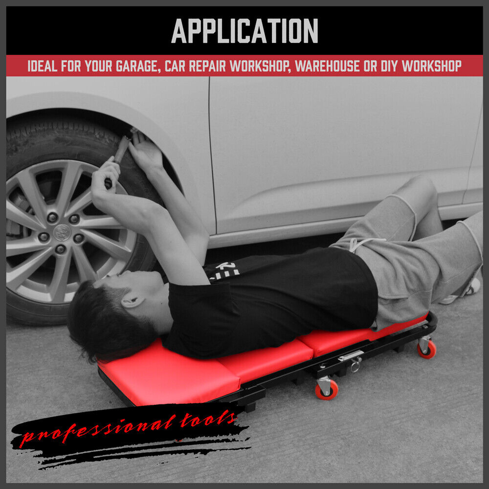 HORUSDY Convertible Z Creeper Seat in Black and Red, 100cm Length, Stainless Steel Frame with Leather Padding, Swivel Casters, for Mechanics and Workshop Use