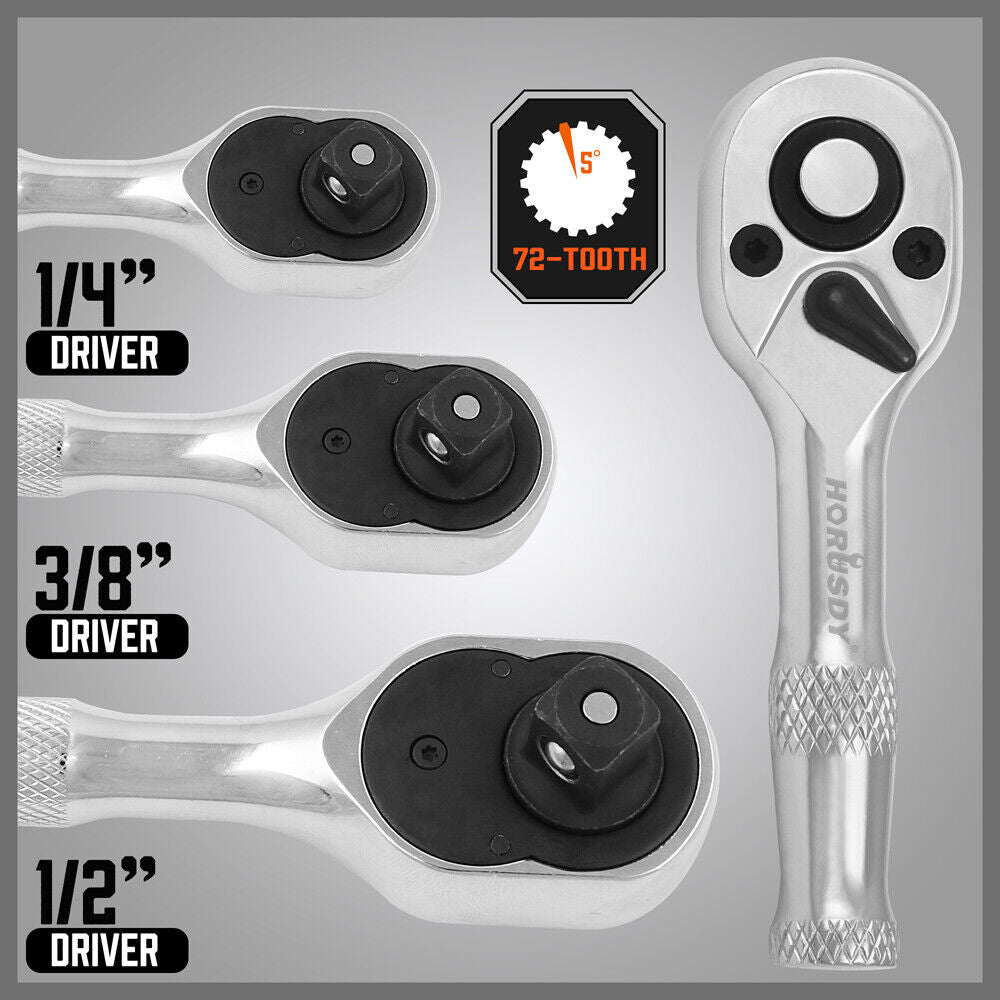HORUSDY 3-Piece Stubby Socket Ratchet Wrench Set featuring 72-Tooth Mechanism and Durable CRV Construction, Sizes 1/2", 3/8", 1/4" with Storage Pouch