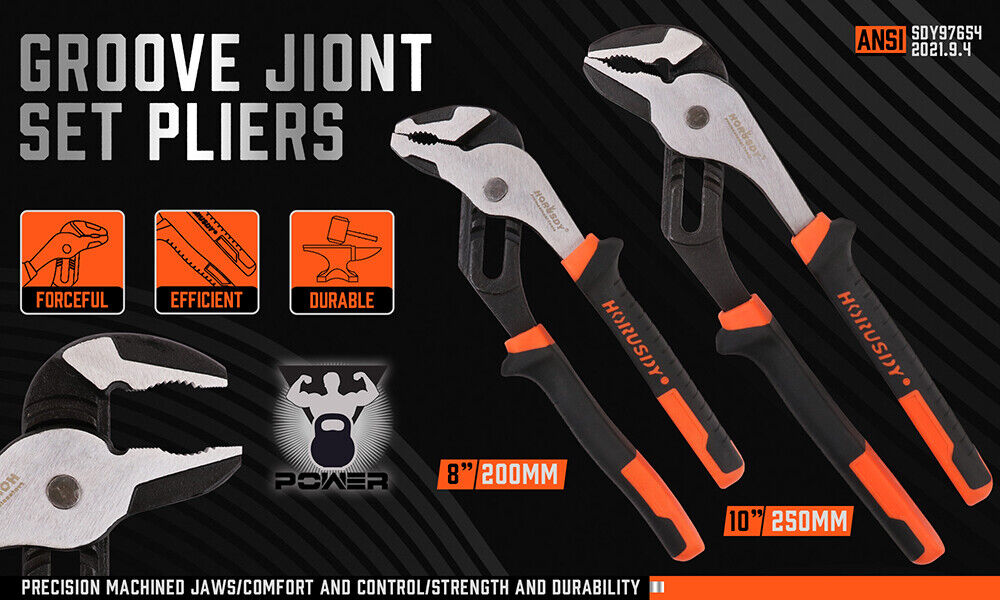 Two-piece set of Groove Joint Pliers featuring 8-inch and 10-inch sizes with non-slip heavy-duty grip.