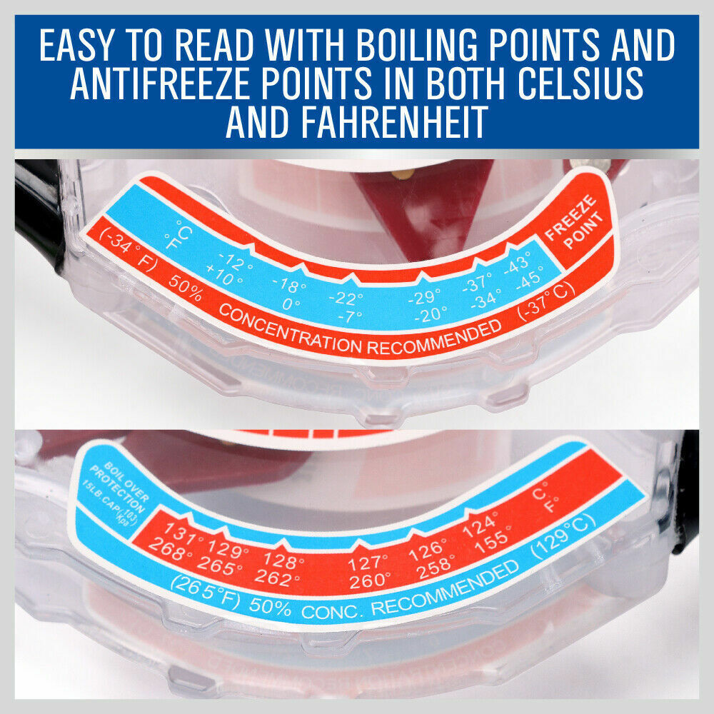 Dial-type radiator coolant tester for measuring ethylene glycol strength with a temperature adjustment scale.