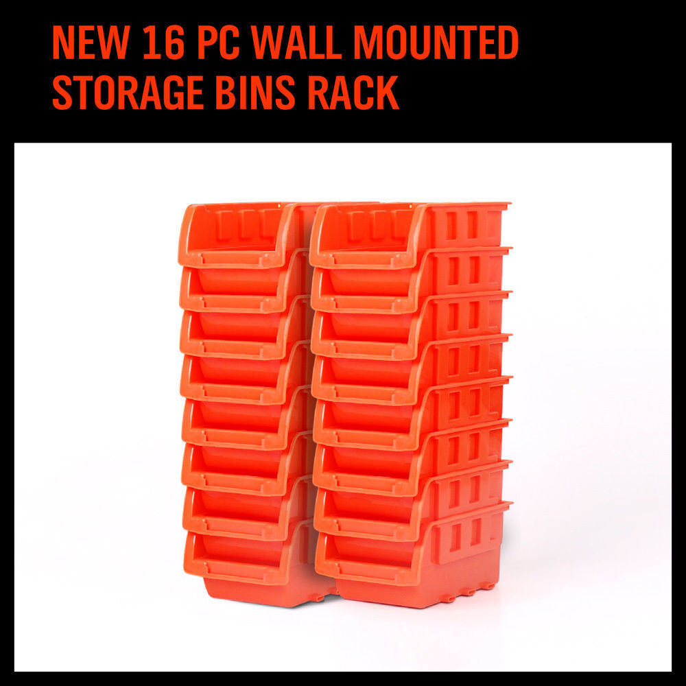 Robust Wall Mounted Bins Rack featuring 8 orange stackable plastic storage trays and 3 plastic racking, ideal for organizing small parts, tools, fishing tackle, and craft supplies. Designed to mount easily on pegboard, slot wall, or wooden studs, offering a versatile and space-saving solution for any workshop, garage, or hobby room