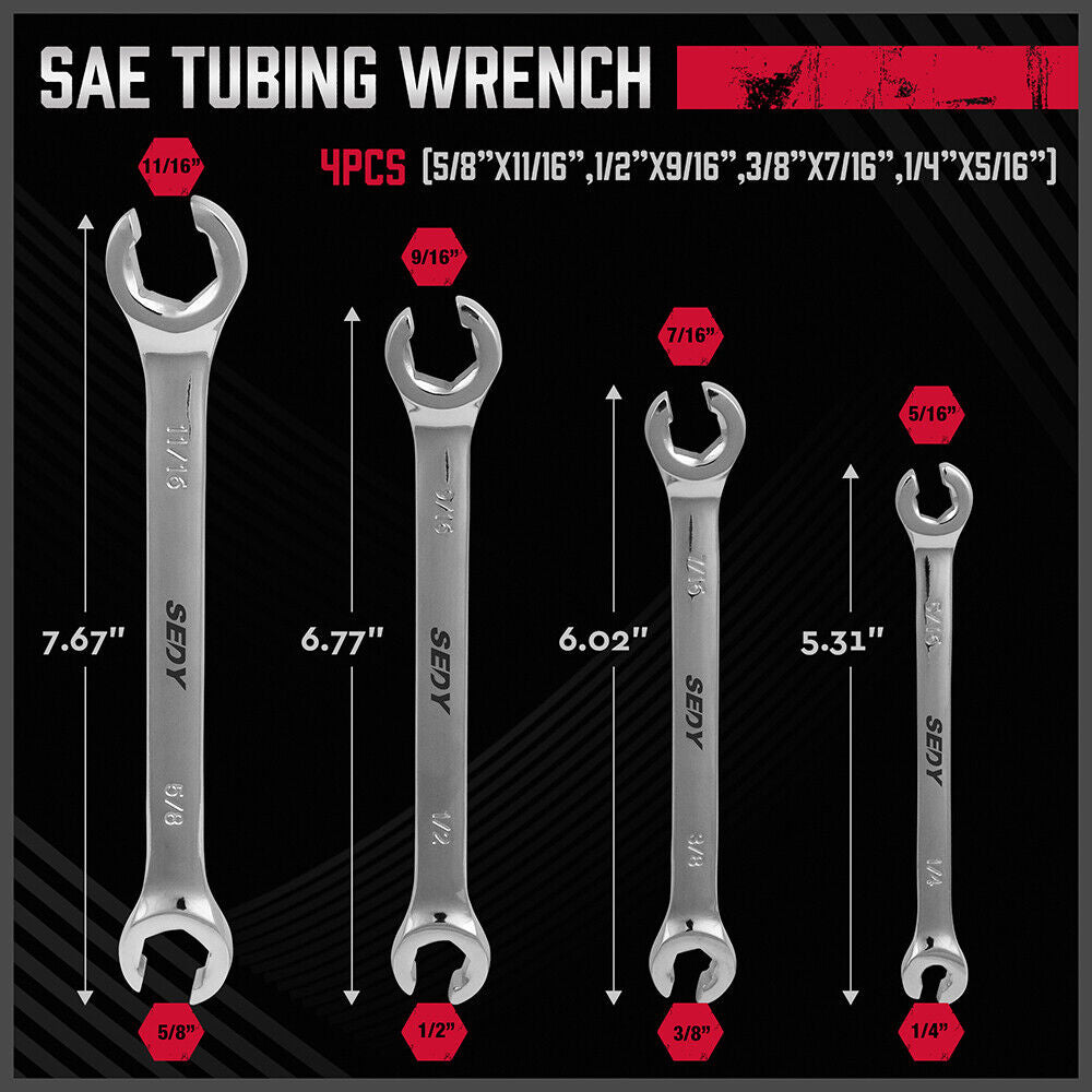 SEDY 4-Piece Flare Nut Wrench Set in SAE Sizes, Featuring 15° Offset Heads and Durable Chrome Vanadium Construction with a Convenient Organizer Pouch