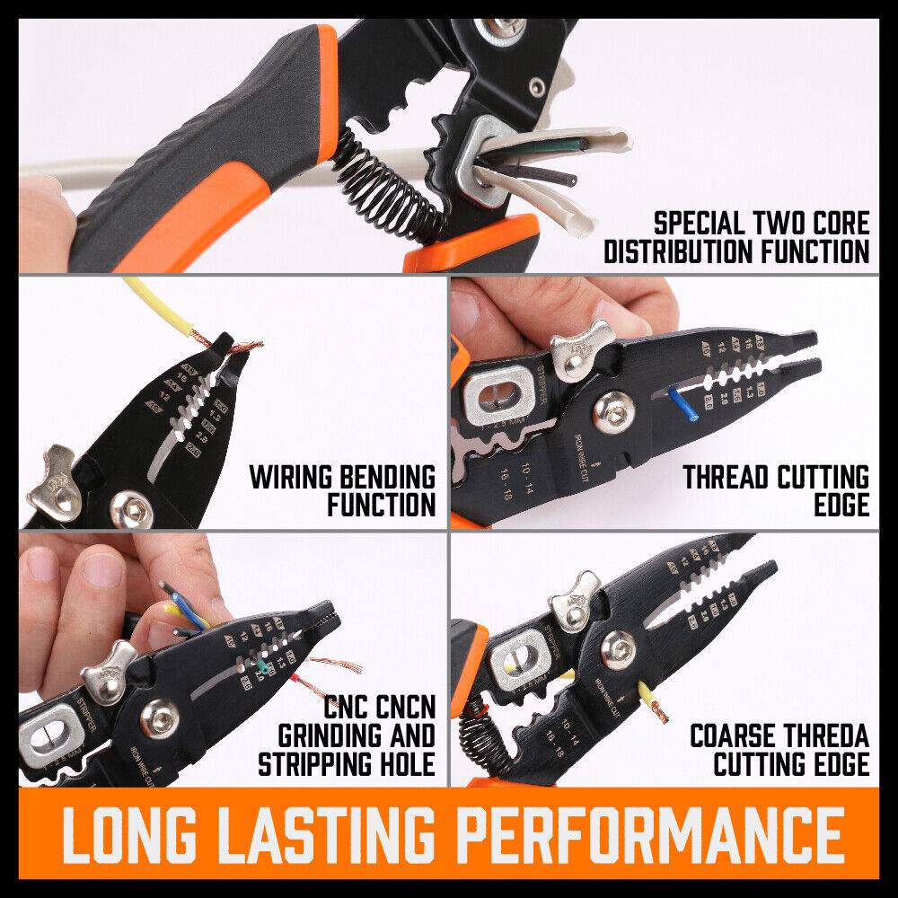 Versatile 8-Inch Wire Stripping Tool and Cutter - High-Quality Steel, Ergonomic Handle, Suitable for 10-24AWG Cables