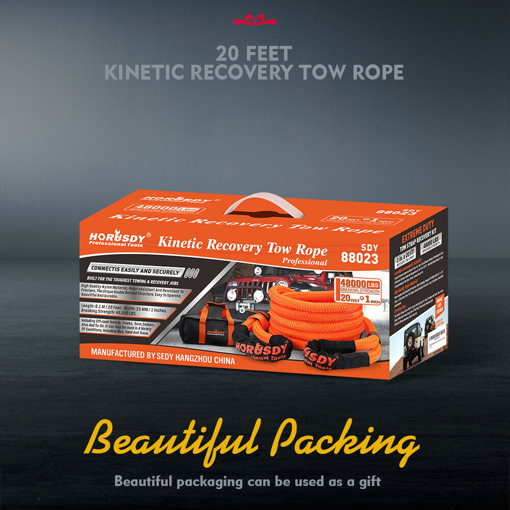 HORUSDY 20FT Heavy Duty Tow Rope, 6.1M Length, 48000 LBS Break Strength, Nylon N66 Kinetic Recovery Snatch Strap, Ideal for Off-Road Vehicle Recovery, with Durable Storage Bag