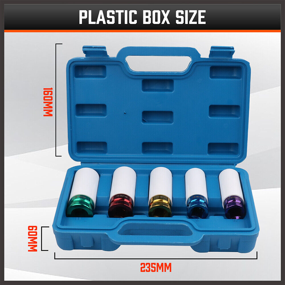 HORUSDY 5-Piece Impact Socket Set - Includes 15, 17, 19, 21, 22mm Sockets with 1/2 Inch Drive and Protective Nylon Sleeves for Alloy Wheels, in Color-Coded Design