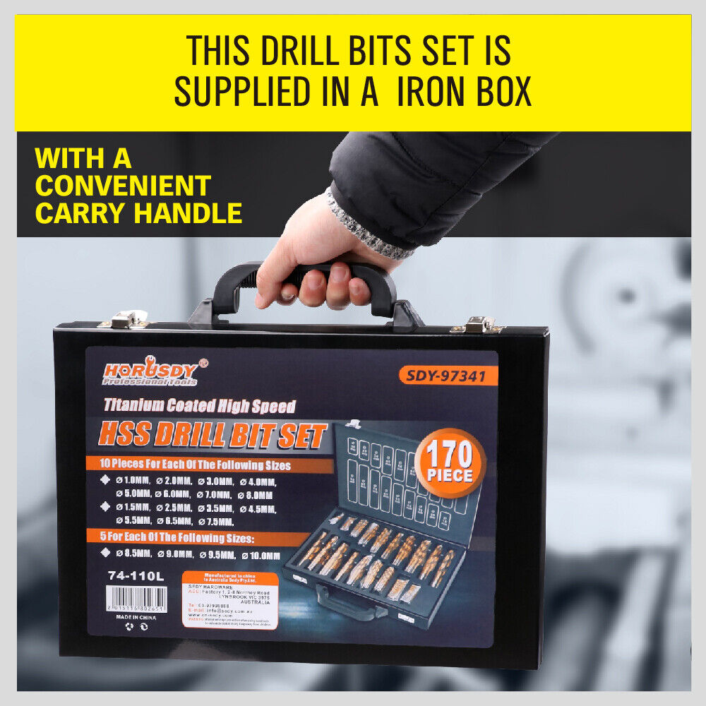 HORUSDY 170pcs Drill Bit Set, High-Speed Steel, Titanium Coated, Sizes 1-10mm, for Wood and Metal Drilling