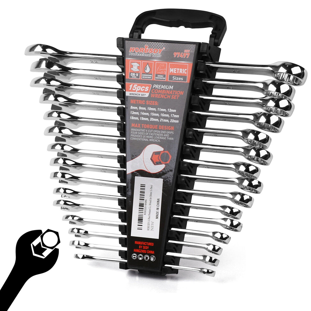 HORUSDY 15-Piece Metric Combination Spanner Set, CRV Silver, Chrome Vanadium Steel, Heat Treated, Nickel Chrome Plated, Sizes 8-22mm