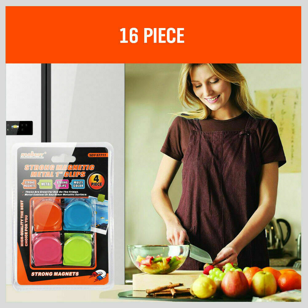 Colorful set of 16 magnetic spring clamps in green, pink, orange, and blue, perfect for holding notes on refrigerators or metal surfaces