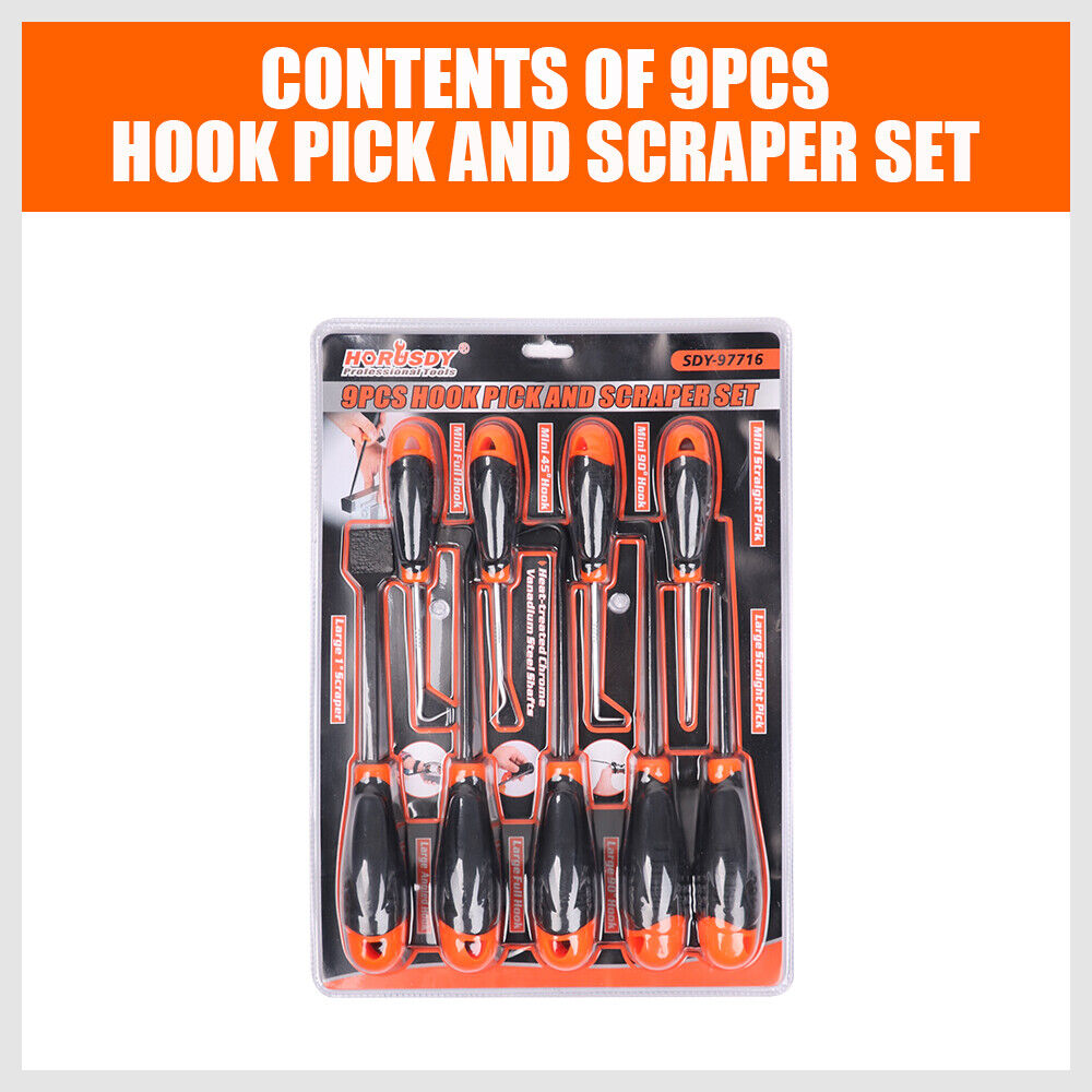 Versatile 9-Piece Hook and Pick Tool Set - Drop Forged, Heat-Treated Chrome Vanadium Steel, Ergonomic Cushion Grip Handles