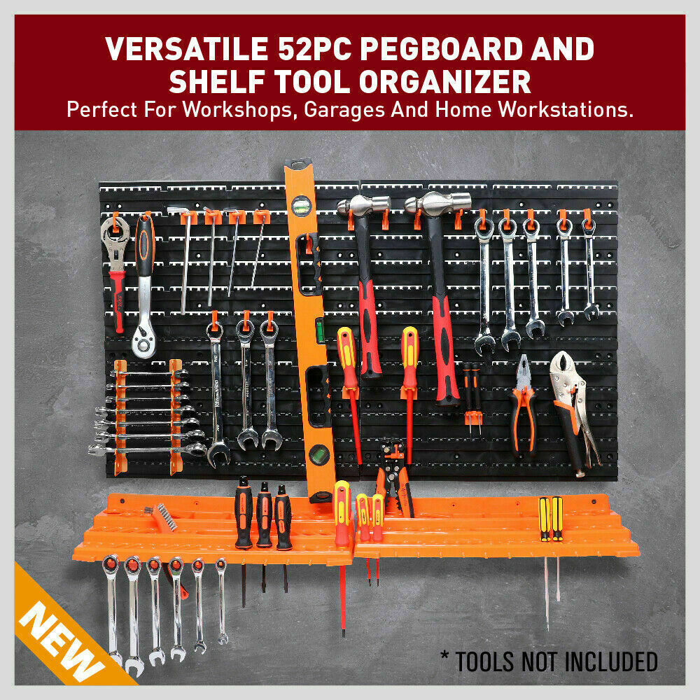 Complete 52-Piece Wall Mounted Tool Storage Rack Kit - Includes Boards, Shelves, Spanner Holders, and Hooks for Organizing Tools