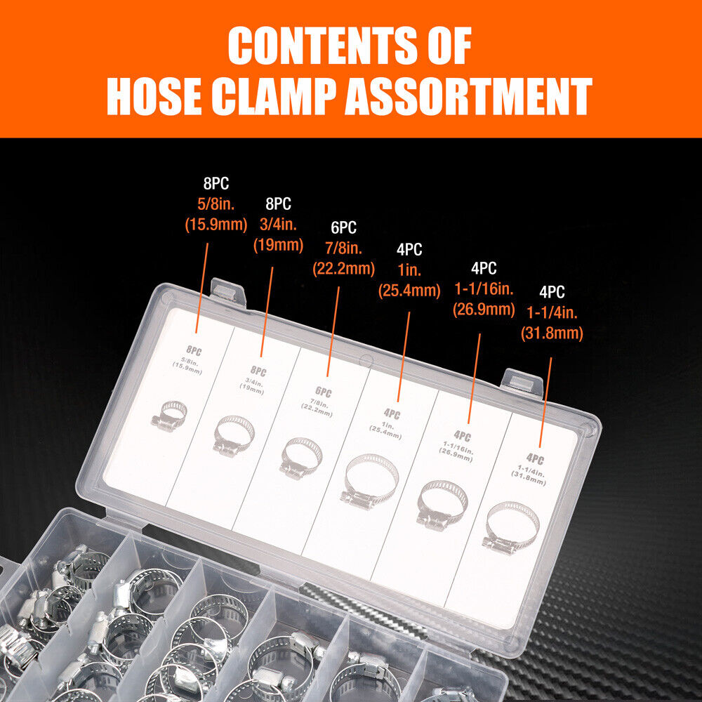 Durable 34Pc Assorted Hose Clamp Set with 6 Sizes for Fuel Lines and Pipes