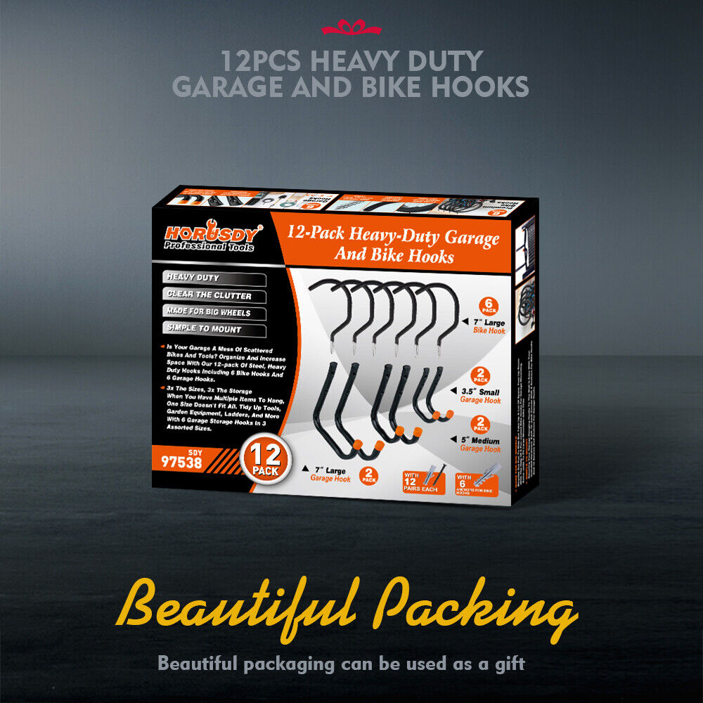 Robust 12-Piece Steel Wall Mount Hook Set for Organizing Tools, Sports Equipment in Garages and Sheds