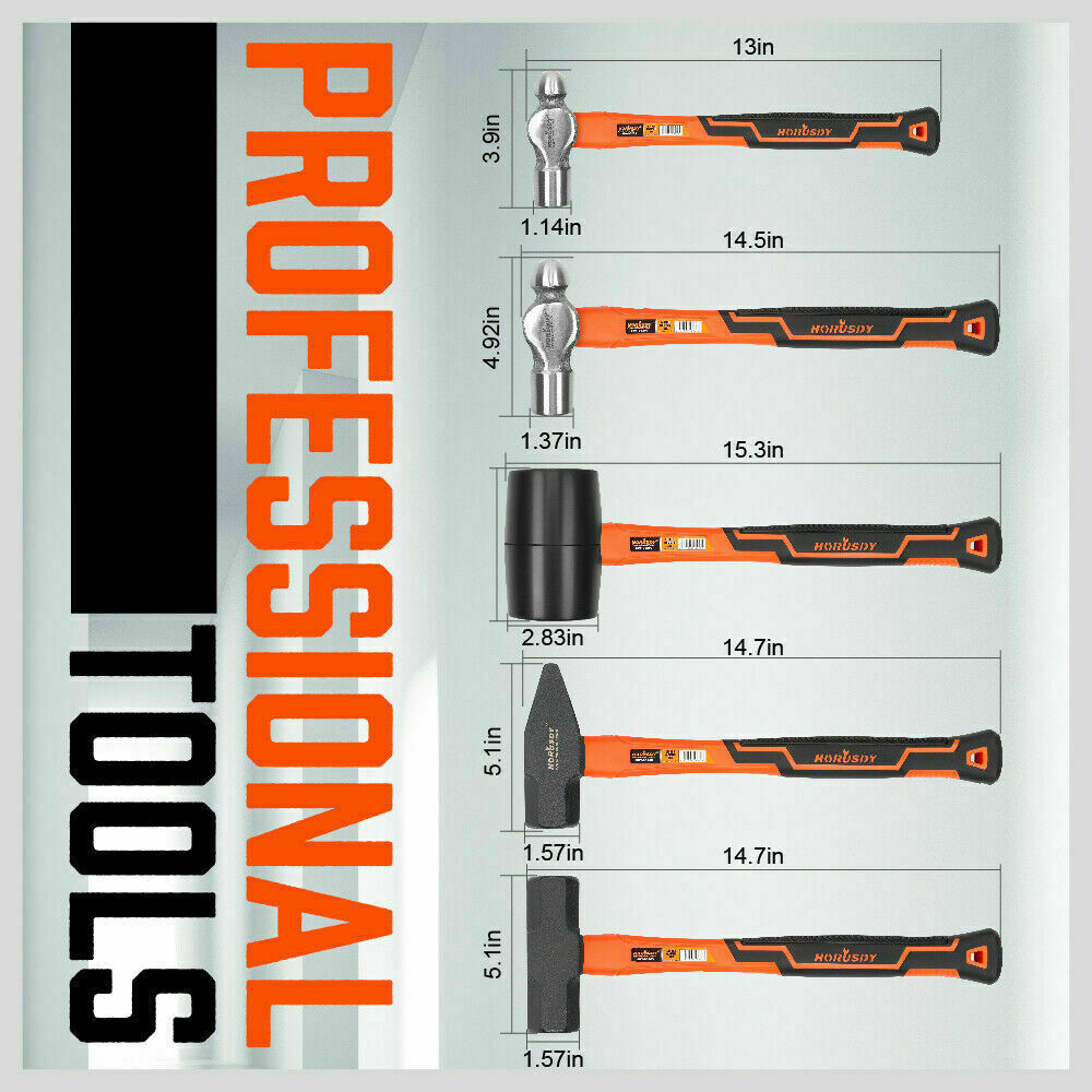 Comprehensive 5-Piece Hammer Set with TPR Grip Handles - Features Ball Pein, Rubber Mallet, Sledge, and Cross Pein Hammers