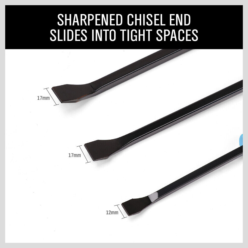 Four-Piece Steel Pry Bar Set, featuring heavy-duty drop-forged steel construction. The set includes pry bars in sizes 17 inches, 11 inches, 8 inches, and 7 inches. Each pry bar has a black oxide finish and a robust PVC square handle, making them ideal for mechanics and panel beaters for various prying and nail-pulling tasks