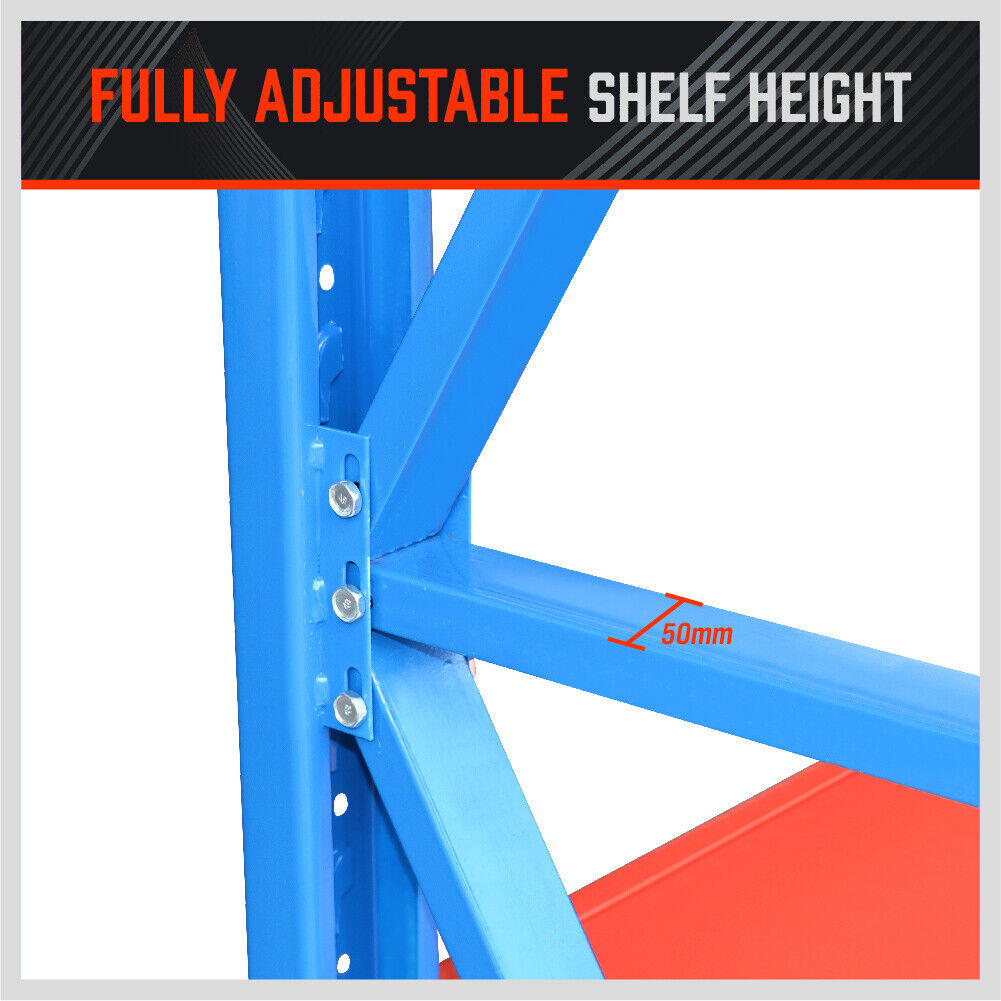 Robust 2m x 2m steel rack shelves with a 1000kg total capacity, featuring a high-grade powder-coated finish, free-standing design, and easy click-in assembly system