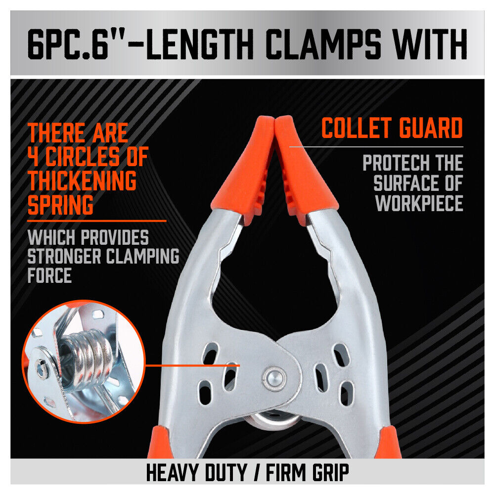 Set of 6 Heavy Duty 6-Inch Spring Clamps with Non-Slip Rubber Grip and 2.5-Inch Jaw Opening for Carpentry and DIY