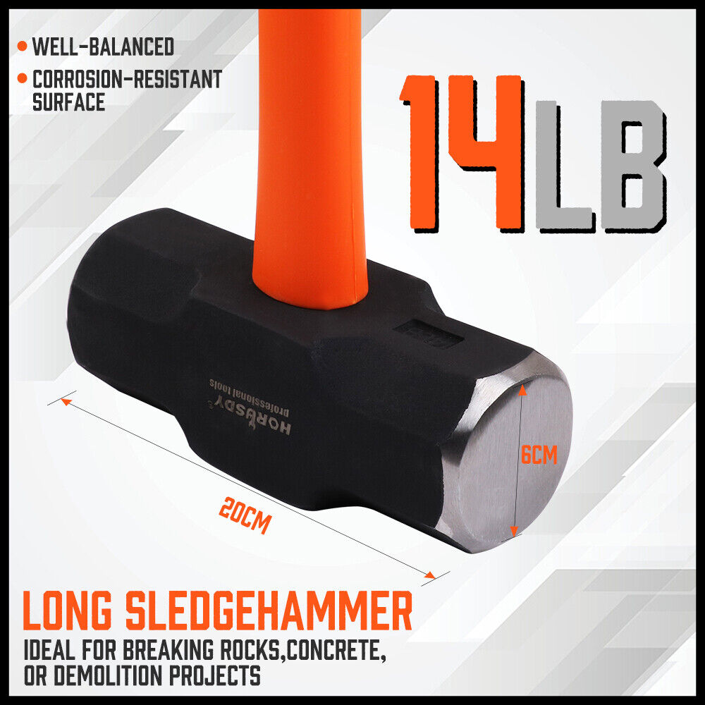 HORUSDY 14LB Steel Hammer, Double Octagonal Head, Impact-Resistant with Gripped Fiber Glass Rubber Handle for Stability