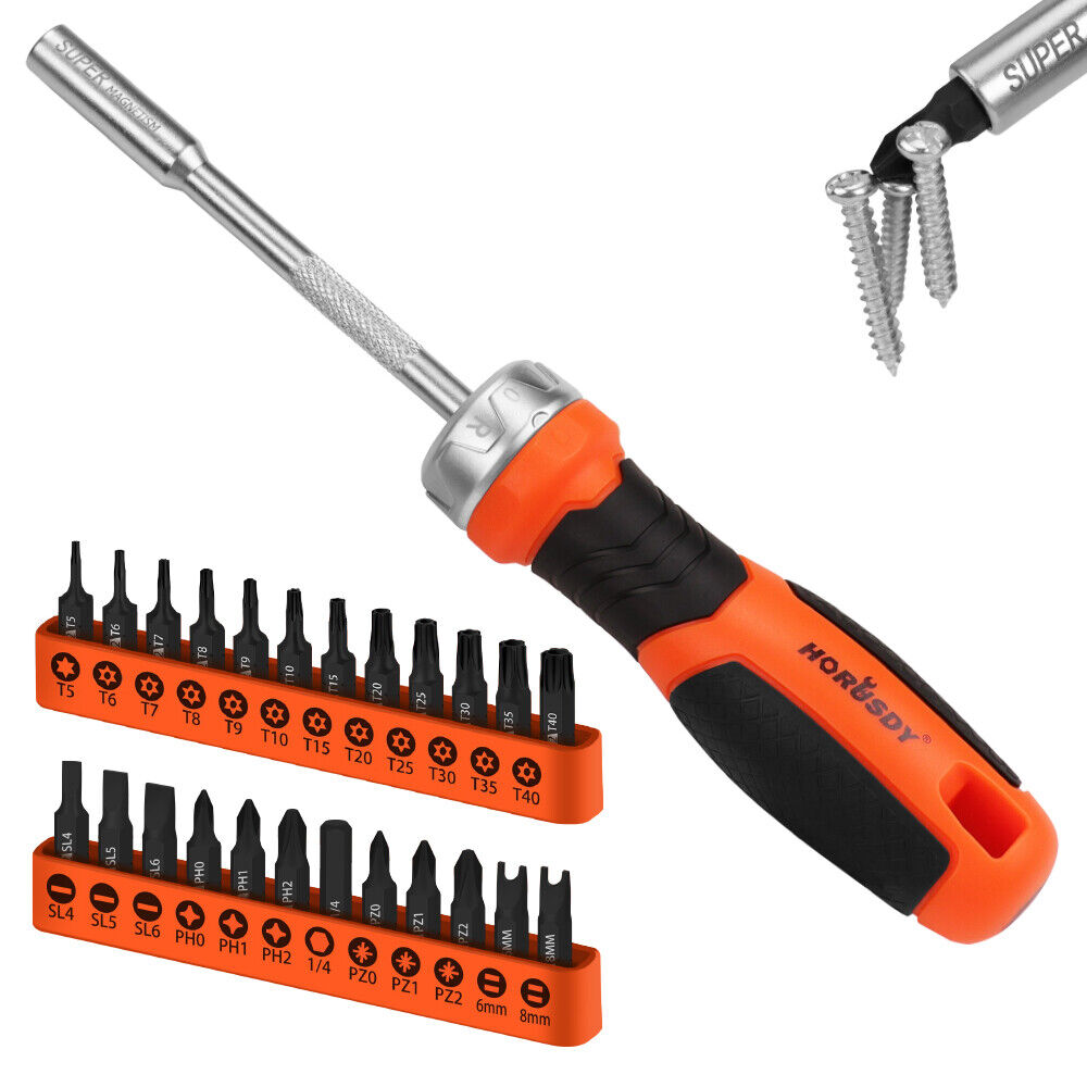 HORUSDY 25-Piece Screwdriver Set Featuring Magnetic Ratchet Bit Driver, Slotted, Philips, Torx, Spade, and Hex Bits for Diverse Household and Office Use