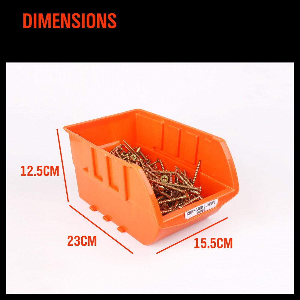 Red and orange stackable plastic parts storage bins with wall-mounted rack, ideal for organizing small tools, fishing tackle, and craft supplies