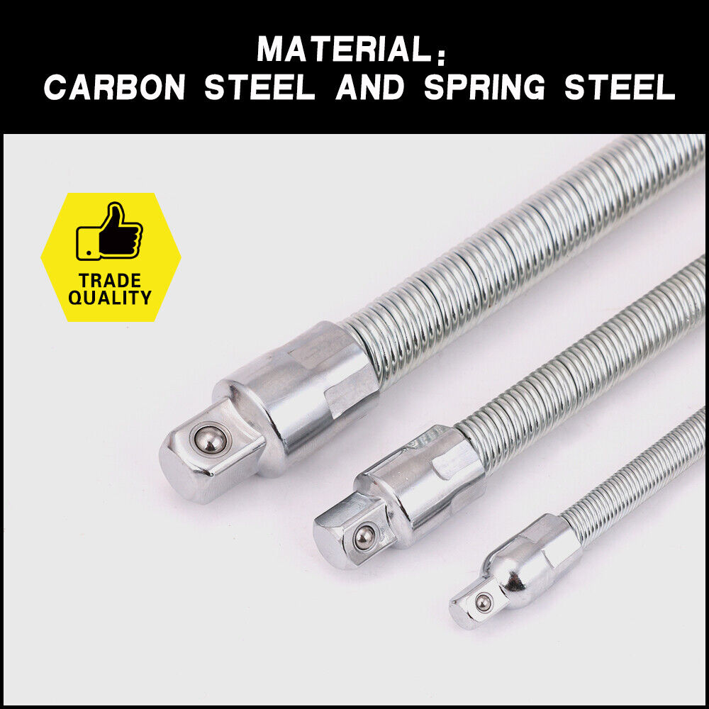 Durable 3-Piece Flexible Socket Extension Bar Set for 1/2", 1/4", 3/8" drives, featuring high hardness and magnetic device for secure socket hold.