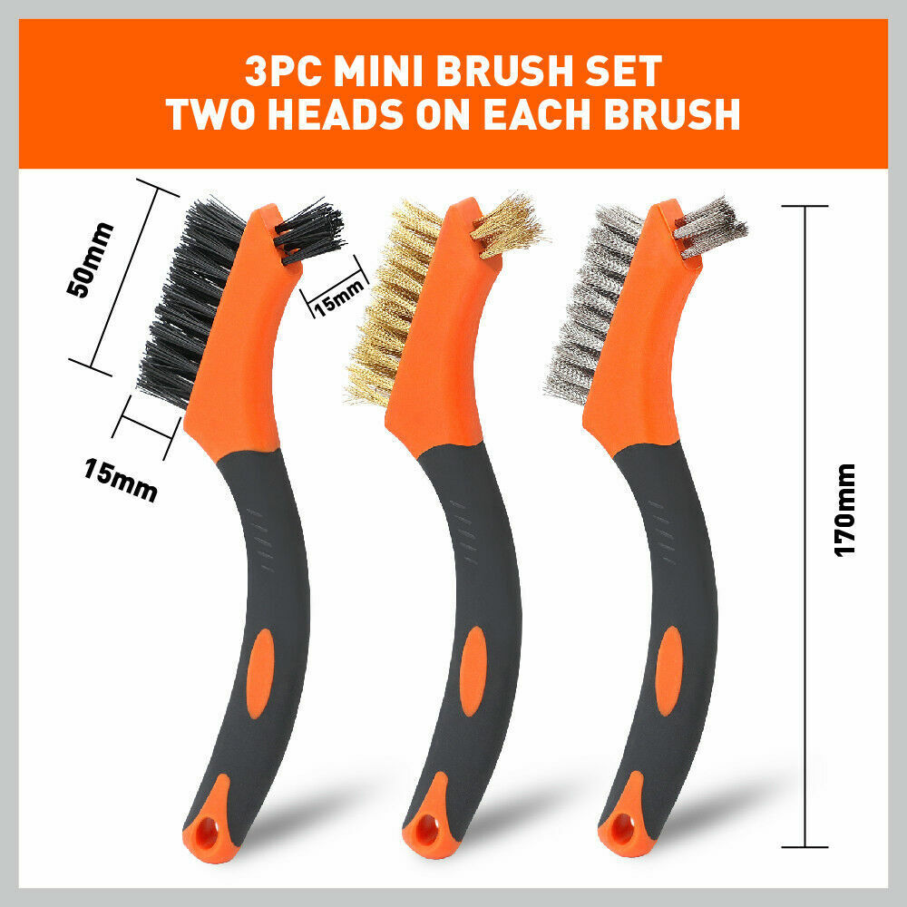 Durable 3-piece wire brush set with brass, stainless steel, and nylon brushes, each 170mm long, perfect for cleaning and polishing various surfaces.