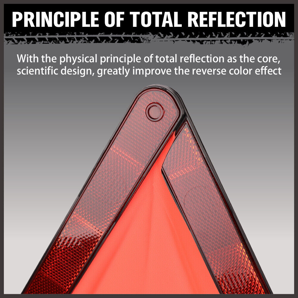 Set of 3 high-quality, durable emergency warning triangles with fluorescent orange frames and red acrylic reflectors, ideal for roadside safety.