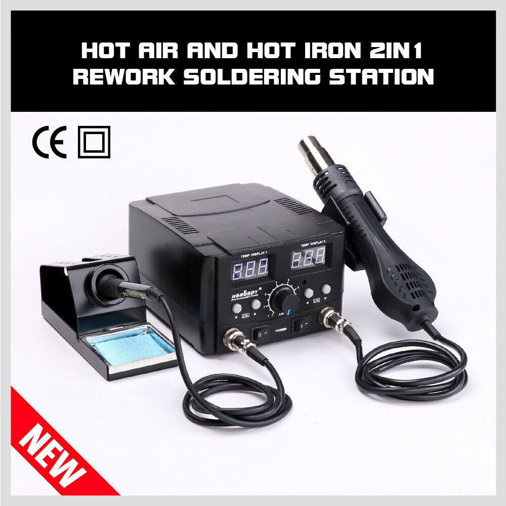 Professional 2-in-1 soldering and desoldering station equipped with a precision hot air gun and soldering iron, featuring dual digital LCD displays for accurate temperature control