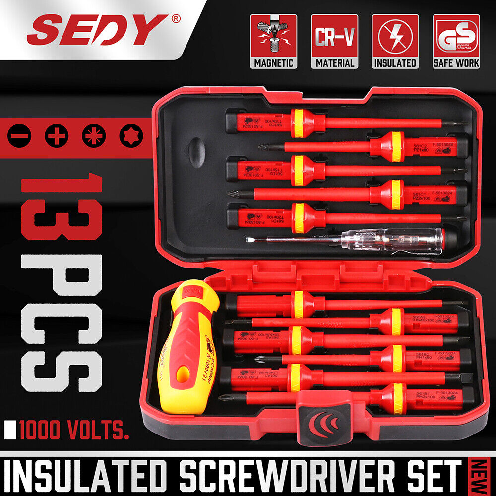 SEDY 13-Piece VDE Certified 1000V Insulated Electrician Screwdriver Set with Magnetic Tips and Replaceable Handle