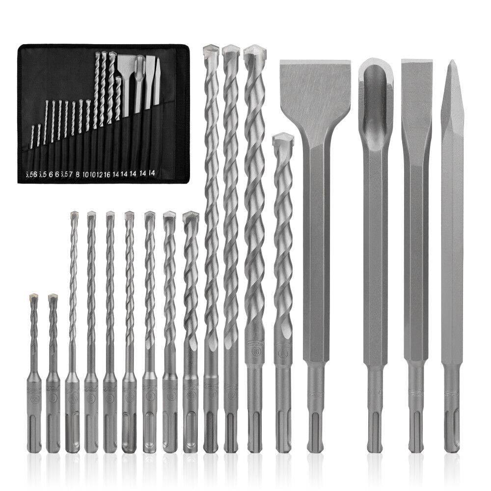 HORUSDY 17Pcs Drill Bits Set with SDS Plus Rotary Hammer, Including Chisels for Masonry, Concrete, and Brickwork