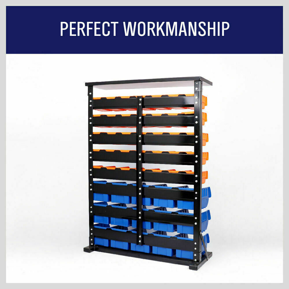 Wall-mounted bin storage rack with 50 bins for efficient organization of tools and parts in your garage.